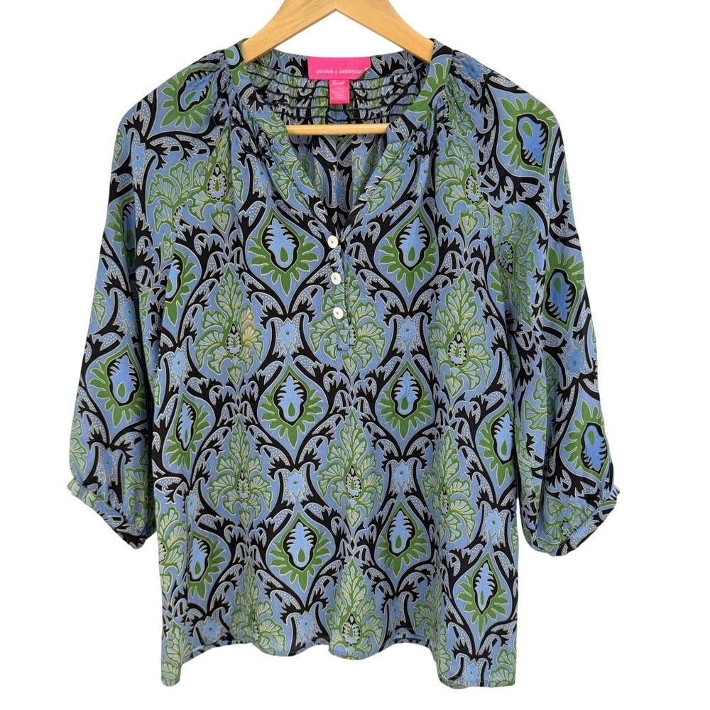 Pookie & Sebastian Womens Small Silk Blouse Blue Green Paisley Boho Peasant Top